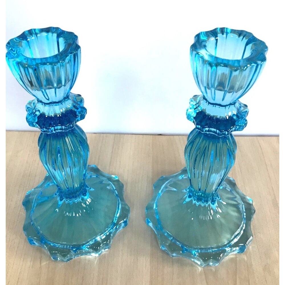 John Lewis Boho Blue Glass Candleholder Set of 2 Vintage Style Candlestick 15cm